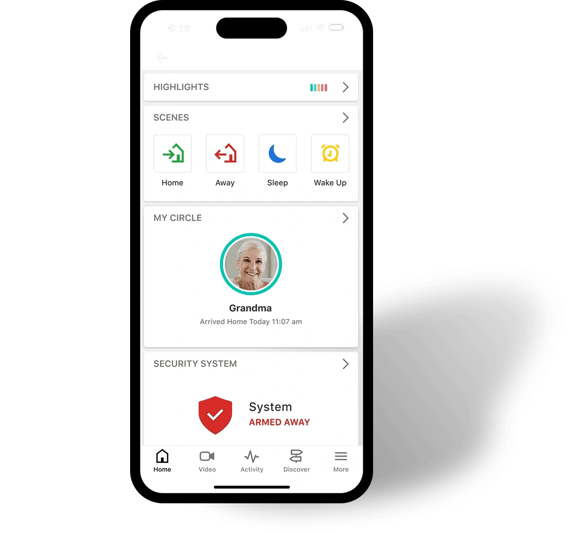 Smart home app interface with security status.