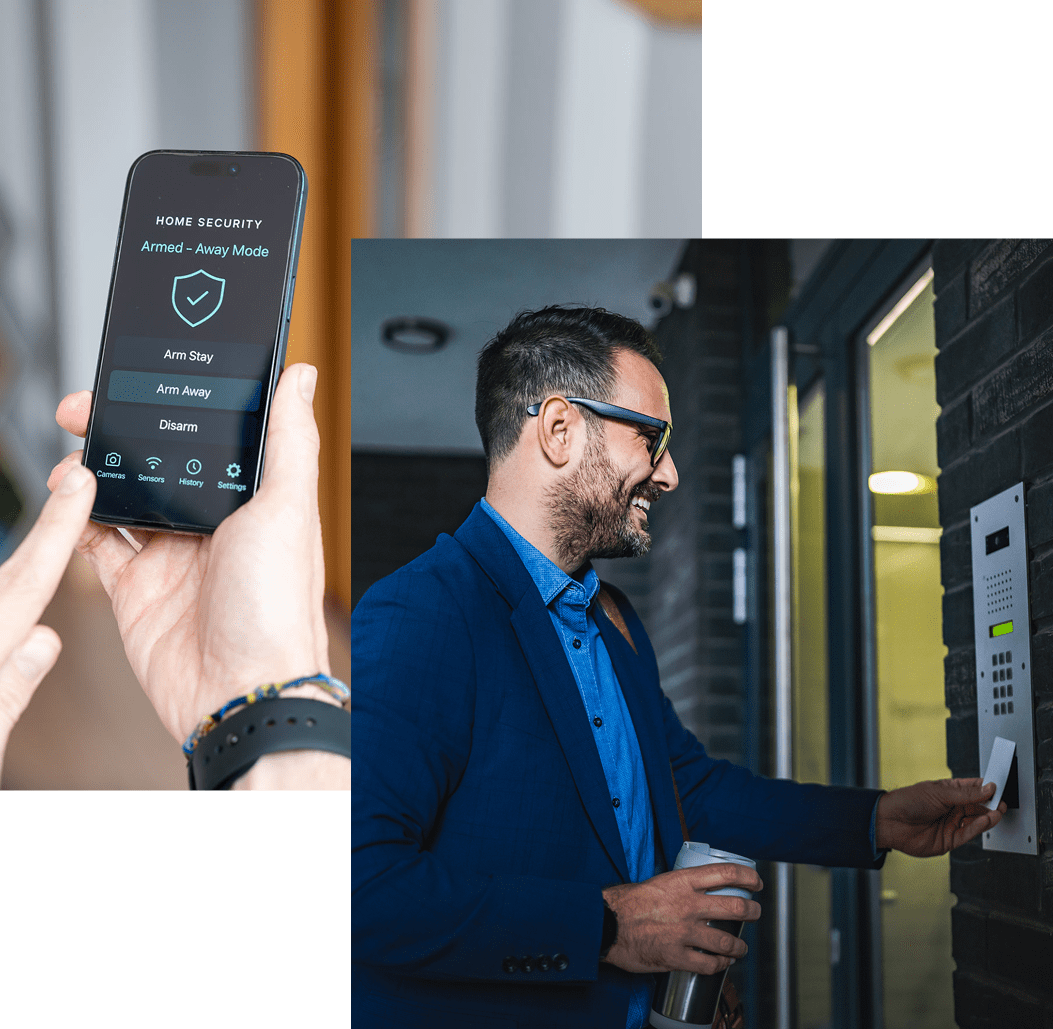 Man using security system with smartphone app.